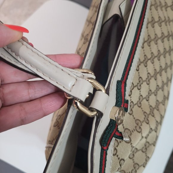 RARE***GUCCI SHERRY LINE~ GG MONOGRAM~ LEATHER & CANVAS TOTE~ - Picture 7 of 16